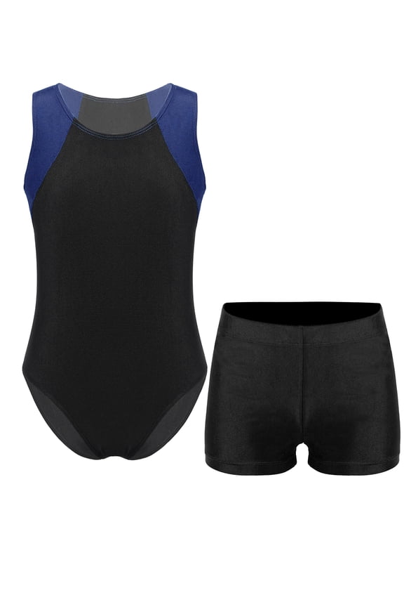 Kids Boys Sleeveless Bodysuit Gymnastics Leotard with Shorts Set Quick-Dry Stretchy Gym Training Outfit Navy Blue&Black 10