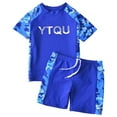 thumbnail image 1 of CHICTRY Kids Boys Two Piece Swimsuit Rash Guard Short Sleeve Camouflage Print Tops with Shorts Beachwear Blue 9-10, 1 of 5