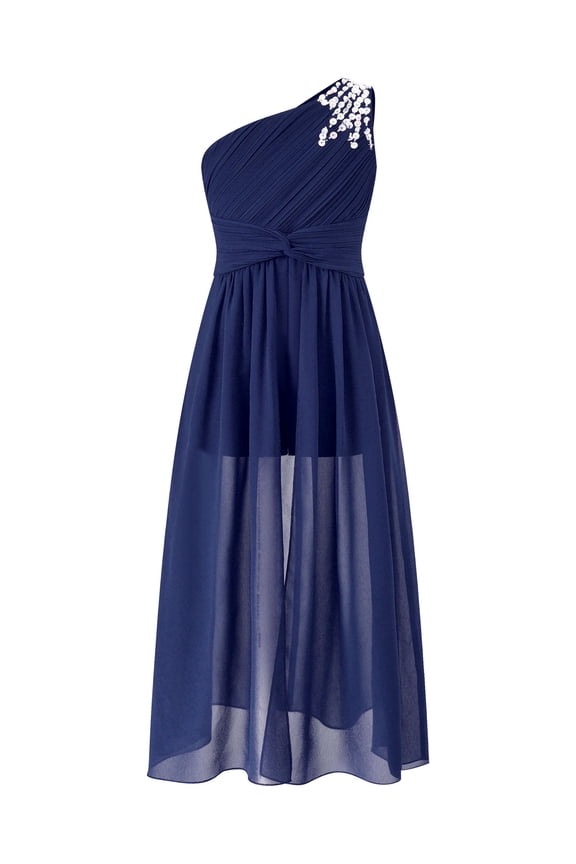 Kids Flower Girl Dress One Shoulder Ruched Bodice Romper Dress Wedding Birthday Party Maxi Ball Gown Navy Blue 16