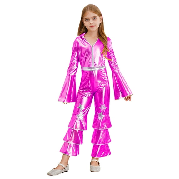 CHICTRY Kids Girl 70s Disco Dance Jumpsuits Movies Babydoll Dress-up Metallic Ruffles Bodysuits Hot Pink 12