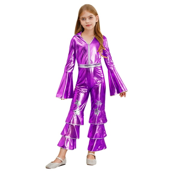 CHICTRY Kids Girl 70s Disco Dance Jumpsuits Movies Babydoll Dress-up Metallic Ruffles Bodysuits Purple 10