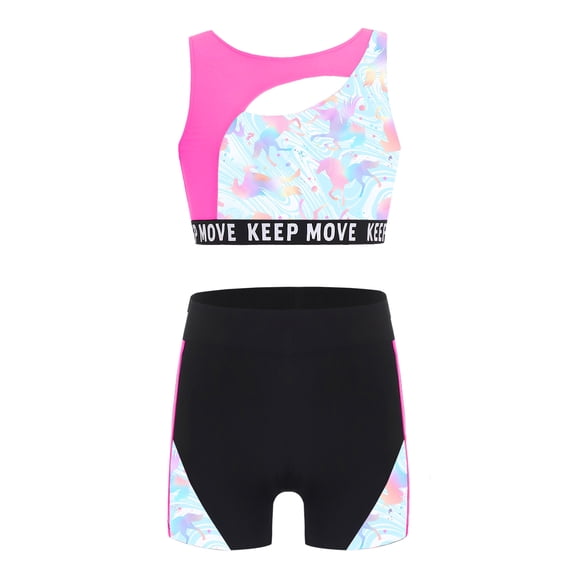 CHICTRY Kids Girls 2 Pcs Sporty Swimsuits Wide Straps Crop Top with High Bottoms Gymnastics Dance Outfit Pink 16