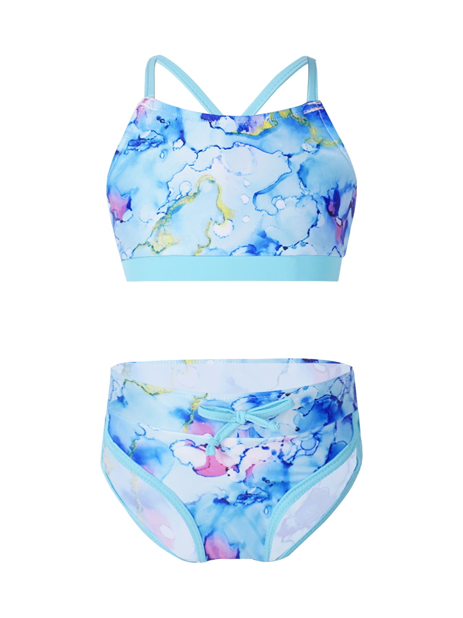CHICTRY Bikiniset voor meisjes, crossover bikini, bovenstuk, Hawaïmotief, zwemshort, 2-delig, zwemkleding, zomer, zwempak, zwart en groen., 158-164