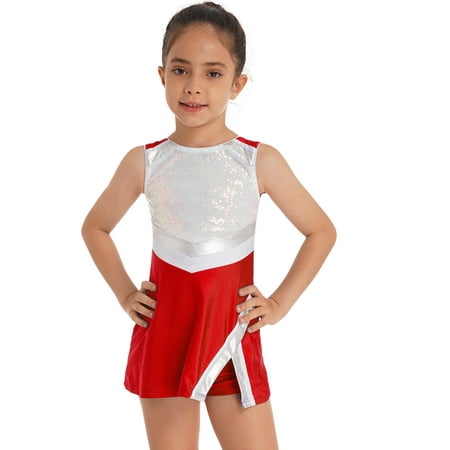 CHICTRY Kids Girls 2Pcs Cheers Outfit Workout Set Halloween Costume Sequins Tennis Dress with Shorts Red 14