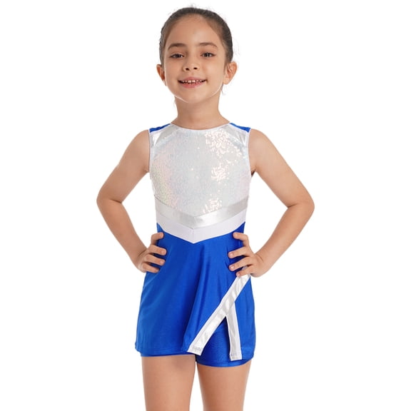 CHICTRY Kids Girls 2Pcs Cheers Outfit Workout Set Halloween Costume Sequins Tennis Dress with Shorts Royal Blue 8