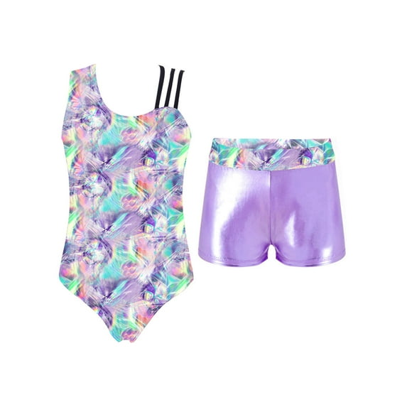 CHICTRY Kids Girls 2Pcs Gym Sports Yoga Suit Colorful Prints Sleeveless Leotard with Shorts Dance Outfit Bright Shadow Pink 12