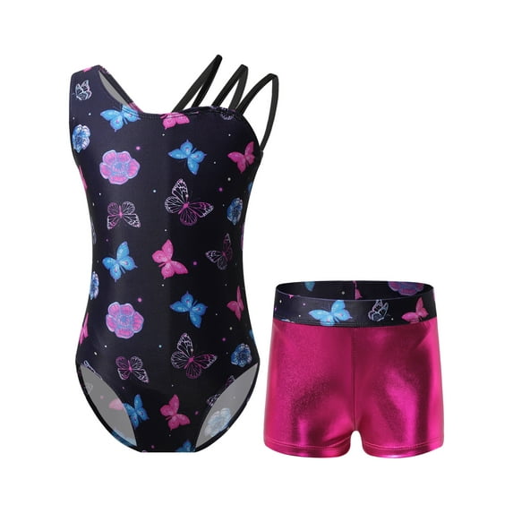 CHICTRY Kids Girls 2Pcs Gym Sports Yoga Suit Colorful Prints Sleeveless Leotard with Shorts Dance Outfit Colorful Butterfly Navy 10