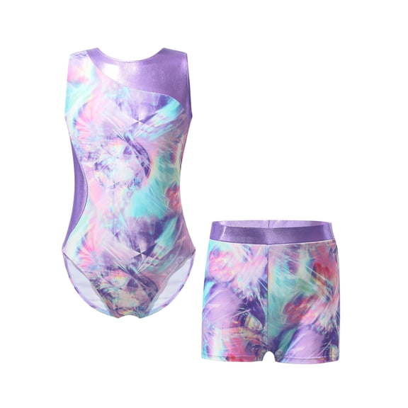CHICTRY Kids Girls 2Pcs Gym Sports Yoga Suit Colorful Prints Sleeveless Leotard with Shorts Dance Outfit Colorful Shadow 6