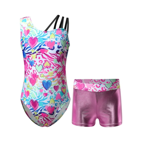 CHICTRY Kids Girls 2Pcs Gym Sports Yoga Suit Colorful Prints Sleeveless Leotard with Shorts Dance Outfit Heart Zebra 10