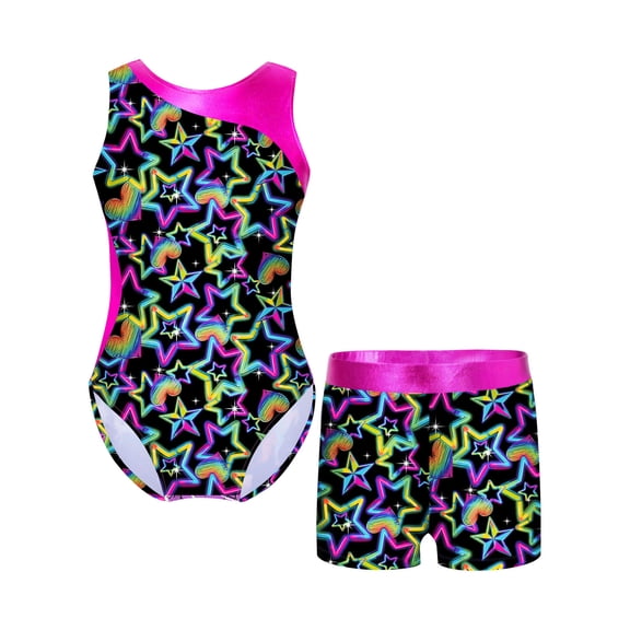CHICTRY Kids Girls 2Pcs Gym Sports Yoga Suit Colorful Prints Sleeveless Leotard with Shorts Dance Outfit Pentagram Black-B 12