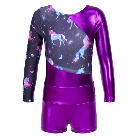 CHICTRY Kids Girls 2Pcs Gym Suit Dance Outfit Activewear Long Sleeve Gymnastics Leotard Ballet Unitard with Shorts Set A Purple 8