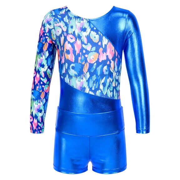 CHICTRY Kids Girls 2Pcs Gym Suit Dance Outfit Activewear Long Sleeve Gymnastics Leotard Ballet Unitard with Shorts Set Royal Blue 4