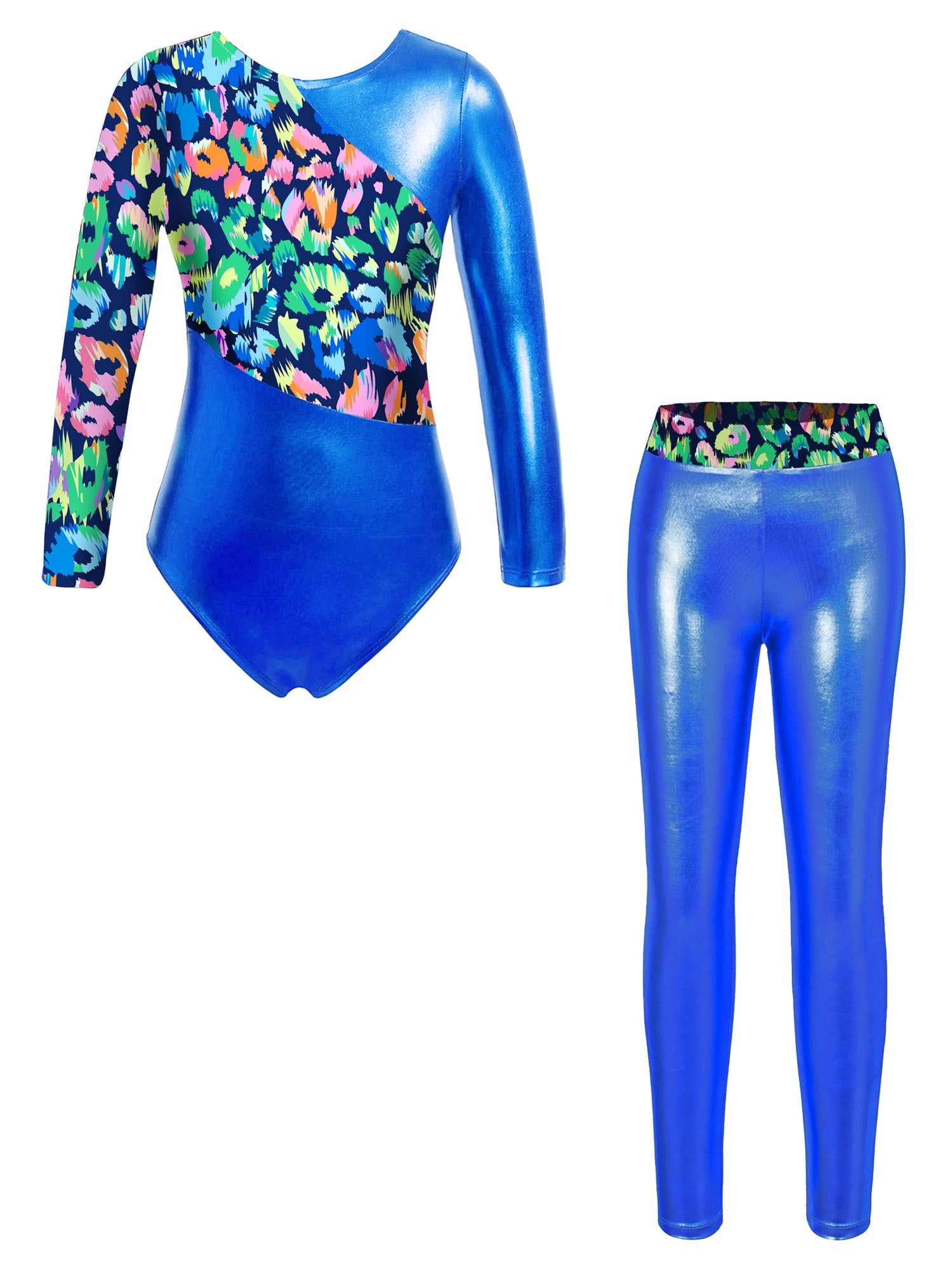 CHICTRY Kids Girls 2Pcs Gymnastics Outfit Shiny Long Sleeve Leotard with  Leggings Set Tracksuit Blue 8 