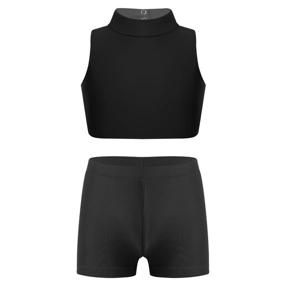CHICTRY Kids Girls 2Pcs Gymnastics Suit Dance Outfit Sleeveless Cross Back Crop Top with Shorts Set Black 14