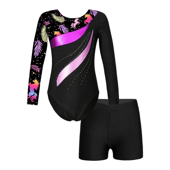 CHICTRY Kids Girls 2Pcs Sports Suit Gymnastic Outfit Cartoon Horse Print Leotard with Shorts for Workout Dance Black 12