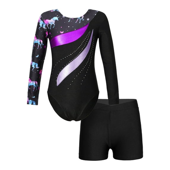 CHICTRY Kids Girls 2Pcs Sports Suit Gymnastic Outfit Cartoon Horse Print Leotard with Shorts for Workout Dance Black&Purple 8