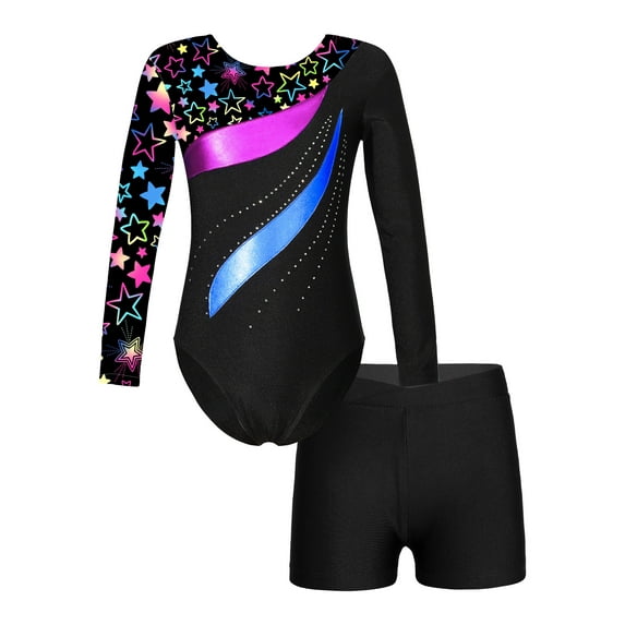 CHICTRY Kids Girls 2Pcs Sports Suit Gymnastic Outfit Cartoon Horse Print Leotard with Shorts for Workout Dance Star Black 8