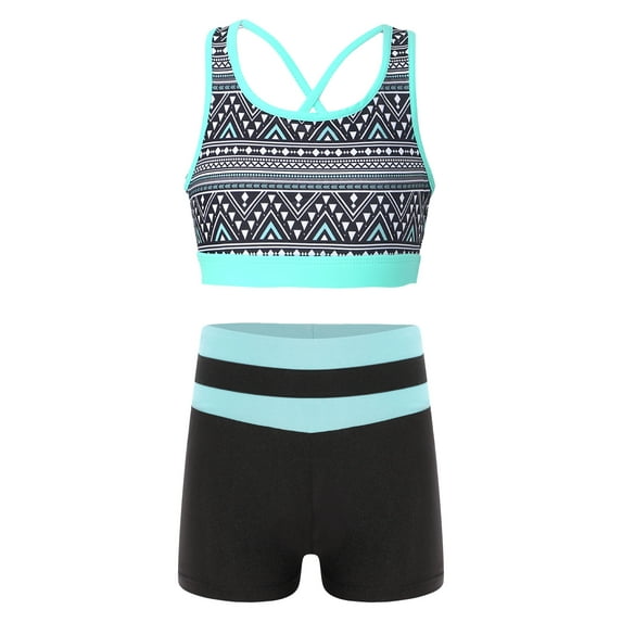 CHICTRY Kids Girls 2Pcs Swimsuit Sleeveless U Neck Printed Crop Top with Shorts Sports Bathing Suit Geometric Black&Light Blue 8