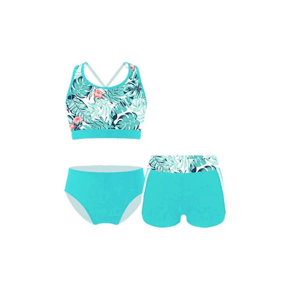 CHICTRY Kids Girls 3 Piece Tankini Set Floral Print Crop Tops with Briefs Boyshorts Beach Swimwear