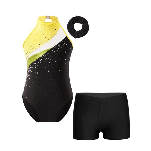 CHICTRY Kids Girls 3Pcs Ballet Gymnastics Dance Suit Halter Shiny Rhinestone Leotard with Shorts Hair Band Set Yellow&Black 16