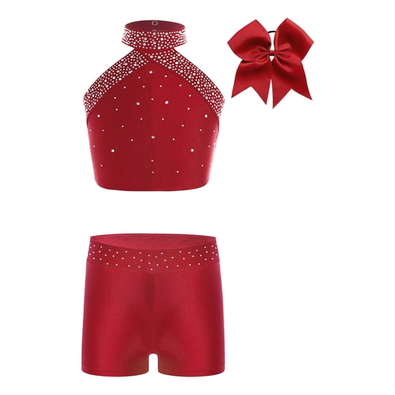 CHICTRY Kids Girls 3Pcs Cheerleading Outfits Rhinestone Shiny Dance Tank Top and Shorts Headwear Set Burgundy 12