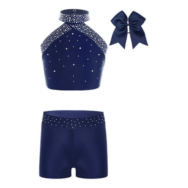 CHICTRY Kids Girls 3Pcs Cheerleading Outfits Rhinestone Shiny Dance Tank Top and Shorts Headwear Set Navy Blue 6