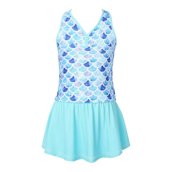 CHICTRY Kids Girls 3Pcs Floral Print Swimsuit Spaghetti Straps Top with Briefs Skirt Set Swimwear Bathing Suit Blue Fish Scales 8