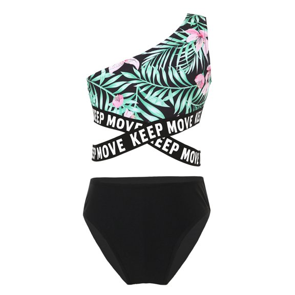 CHICTRY Kids Girls 3Pcs Swimsuit Single Shoulder Strap Printed Crop Top with Briefs Shorts Set for Swimming Beach Pool Bathing A Green&Black 12
