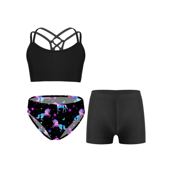 CHICTRY Kids Girls 3Pcs Swimwear Sleeveless Strappy Back Crop Top with Briefs Shorts Swimming Bathing Suit Night Pegasus 6