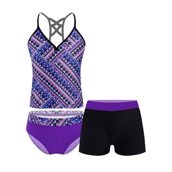 CHICTRY Kids Girls 3pcs Swimsuit Floral Tops with Briefs Shorts Bathing Suit Purple Ethnic Patter 8