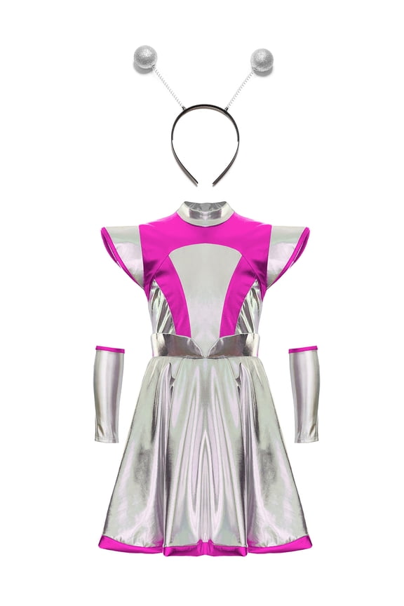 Kids Girls Alien Robot Astronaut Dance Sets Metallic Cap Sleeve A Line Dress with Tentacle Pink 14