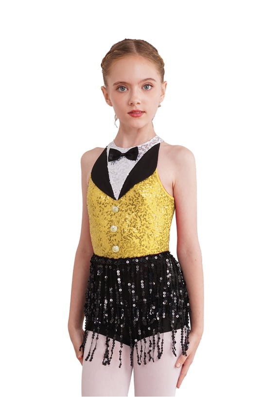 Kids Girls Allover Sequins Dance Bodysuit Latin Jazz Performance Costume Tassels Cha-cha Dance Skirted Leotard Yellow 8