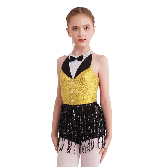 CHICTRY Kids Girls Allover Sequins Dance Bodysuit Latin Jazz Performance Costume Tassels Cha-cha Dance Skirted Leotard Yellow 8