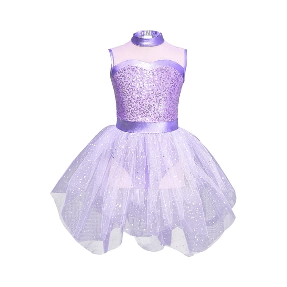CHICTRY Kids Girls Asymmetrical Hem Dance Dress Shiny Sequins Tutu Skater Ballerina Leotard Dress Lavender 6