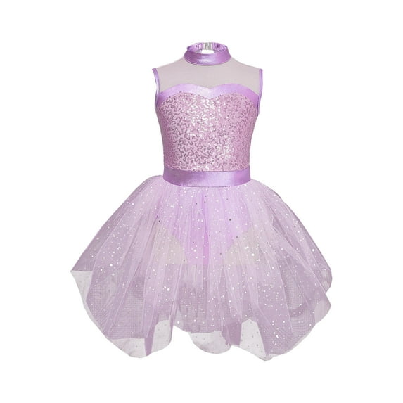 CHICTRY Kids Girls Asymmetrical Hem Dance Dress Shiny Sequins Tutu Skater Ballerina Leotard Dress Pink 6