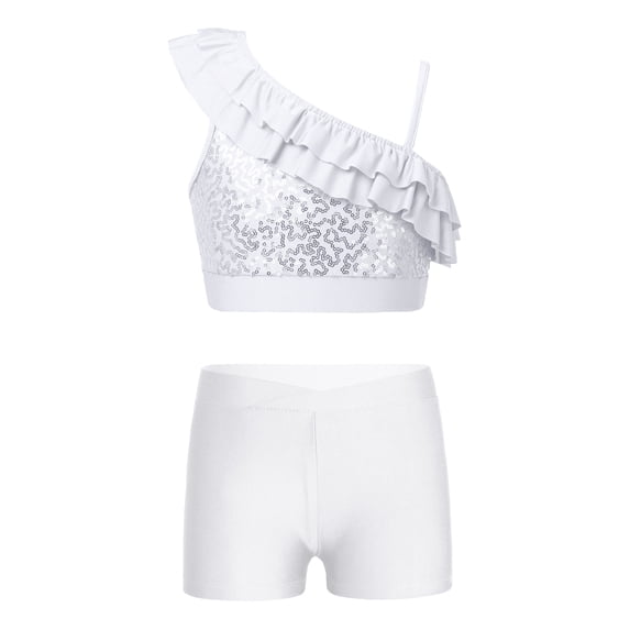 CHICTRY Kids Girls Asymmetrical Shoulder Sequins Crop Top with Shorts for Dance Gymnastics Performance Competition White 12