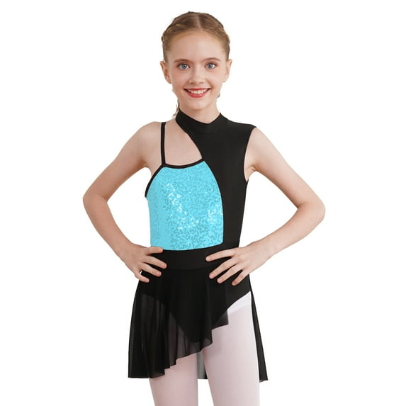 CHICTRY Kids Girls Ballet Contemporary Dance Dress Shiny Sequins Mesh Patchwork Asymmetrical Dance Costume Light Green 14