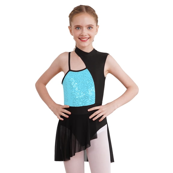 CHICTRY Kids Girls Ballet Contemporary Dance Dress Shiny Sequins Mesh Patchwork Asymmetrical Dance Costume Light Green 8
