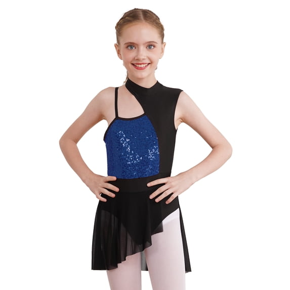 CHICTRY Kids Girls Ballet Contemporary Dance Dress Shiny Sequins Mesh Patchwork Asymmetrical Dance Costume Navy Blue 12