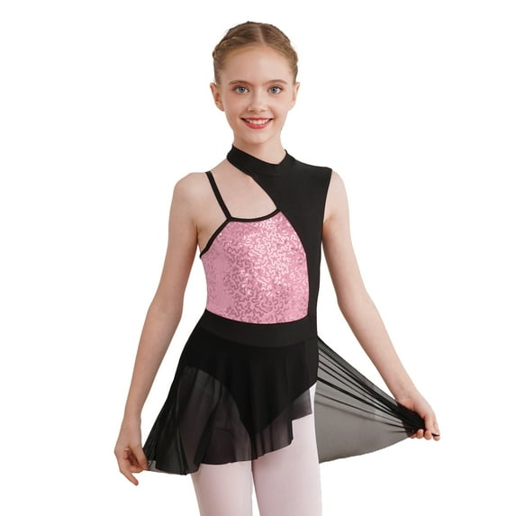 CHICTRY Kids Girls Ballet Contemporary Dance Dress Shiny Sequins Mesh Patchwork Asymmetrical Dance Costume Pink 14