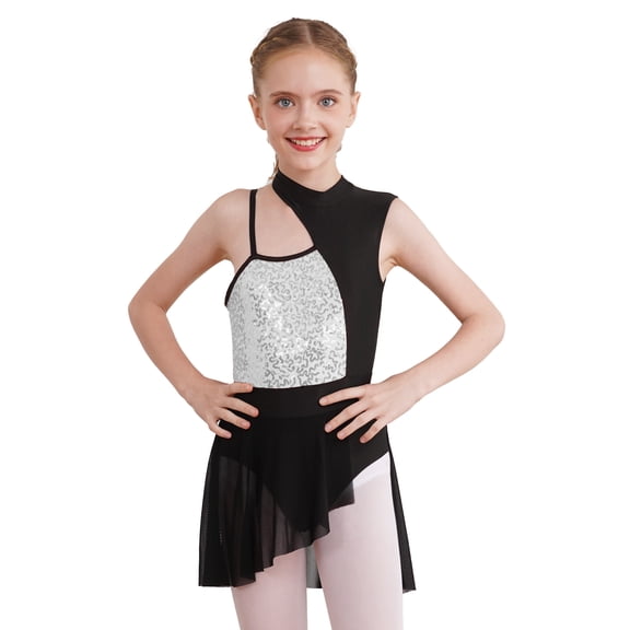 CHICTRY Kids Girls Ballet Contemporary Dance Dress Shiny Sequins Mesh Patchwork Asymmetrical Dance Costume Silver 6