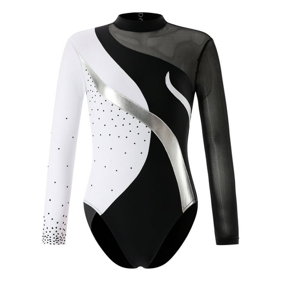 CHICTRY Kids Girls Ballet Dance Leotard Long Sleeve Rhinestones Skating Performance Bodysuit White&Silver 8