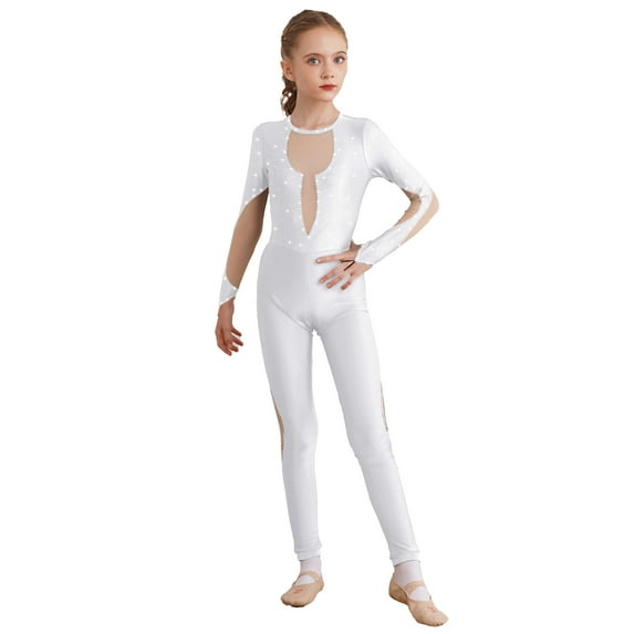CHICTRY Kids Girls Ballet Dance Unitard Shiny Rhinestone Acrobatics Gymnastics Leotard Long Sleeve Skating Bodysuit White 12