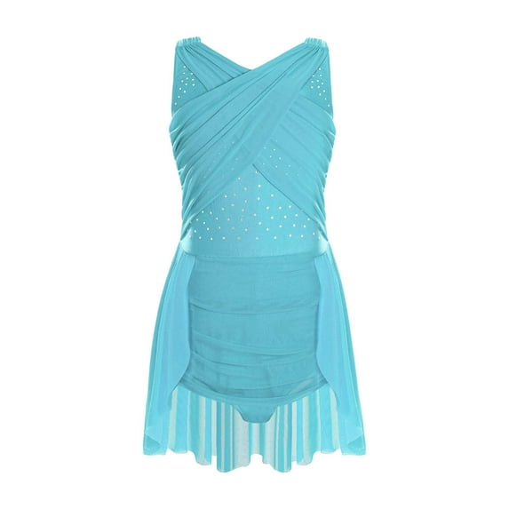 CHICTRY Kids Girls Ballet Lyrical Dance Leotard Glittery Rhinestones Sleeveless Figure Skating Dress Blue Green 8