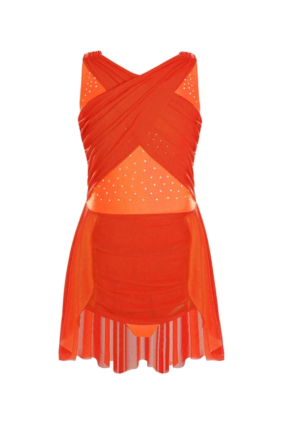 Kids Girls Ballet Lyrical Dance Leotard Glittery Rhinestones Sleeveless Figure Skating Dress Orange 6