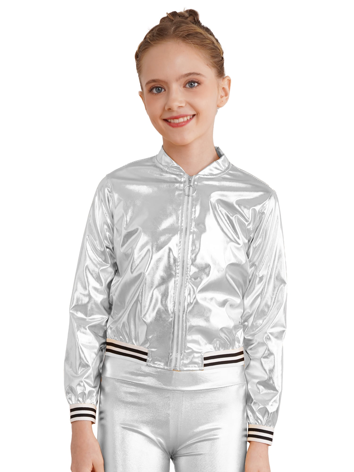 ZUMBA ラメ入りシルバージャケット　Mサイズ Chictry Kids Metallic Bomber Jacket, Shiny Silver Outerwear, Hip