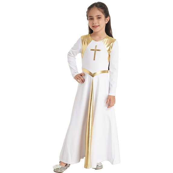 CHICTRY Kids Girls Bronzing Cloth Patchwork Style Liturgical Praise Dance Dress Long Sleeve Lyrical Worship Dancewear
