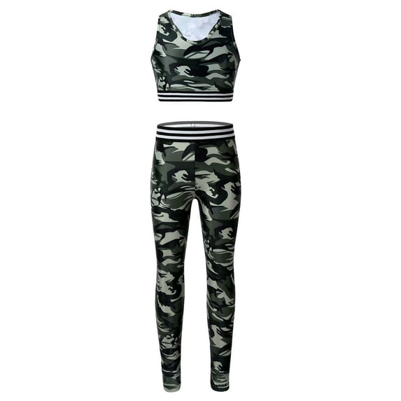 CHICTRY Kids Girls Camouflage Print Sports Suit Sleeveless Racer Back Crop Top with Athletic Leggings Active Set Army_Green 14