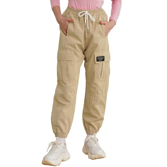 CHICTRY Kids Girls Casual Baggy Pants Drawstring Cargo Pants Dungarees Beige 4