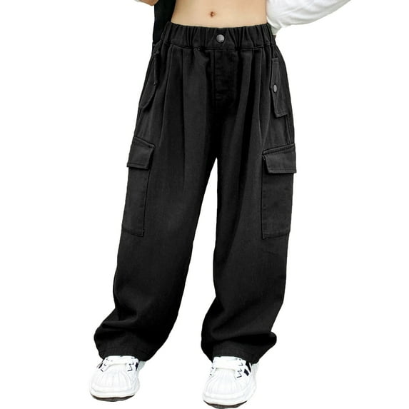 CHICTRY Kids Girls Casual Baggy Pants Drawstring Cargo Pants Dungarees Black-B 6